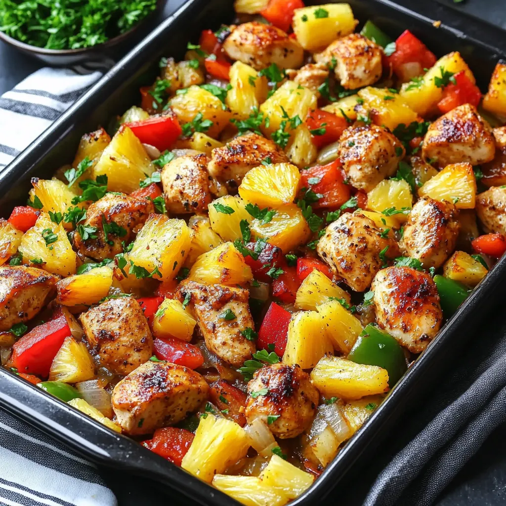 A pan of food with chicken, pineapple, and peppers.