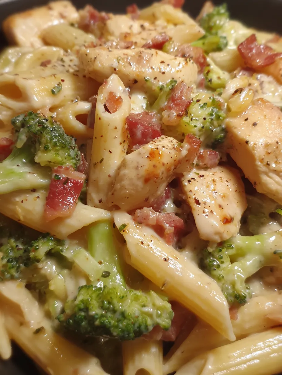A plate of pasta with chicken and broccoli.