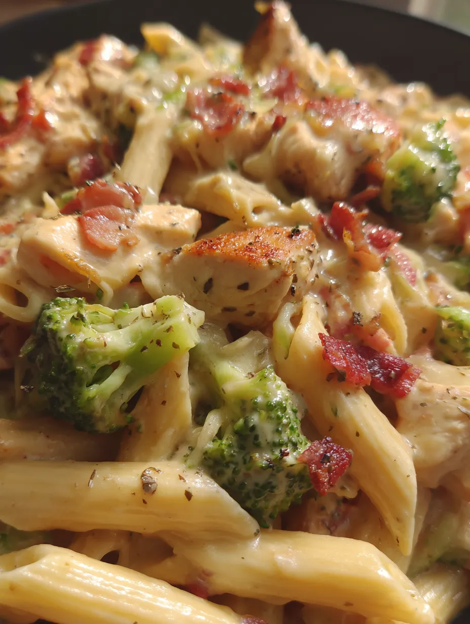 A close up of a cheesy bacon chicken pasta with broccoli.