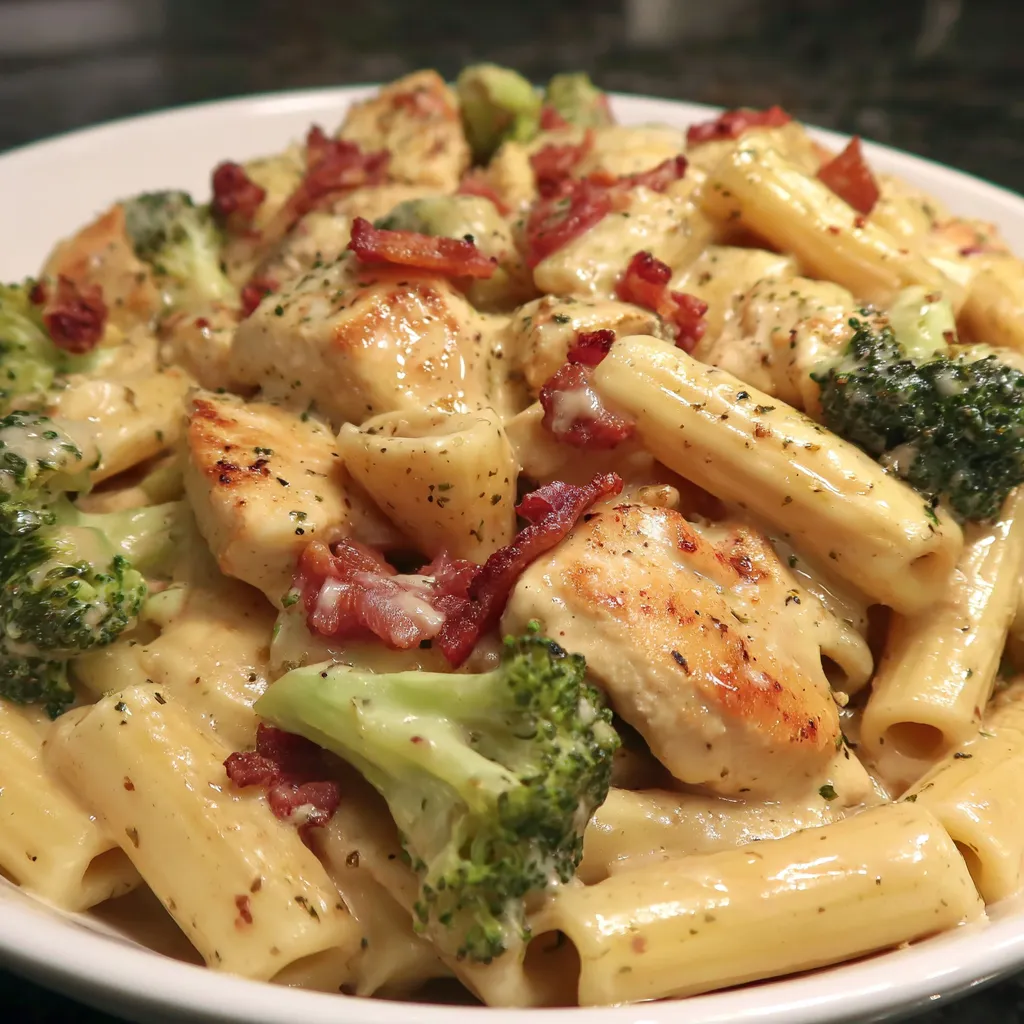 A plate of pasta with chicken and broccoli.