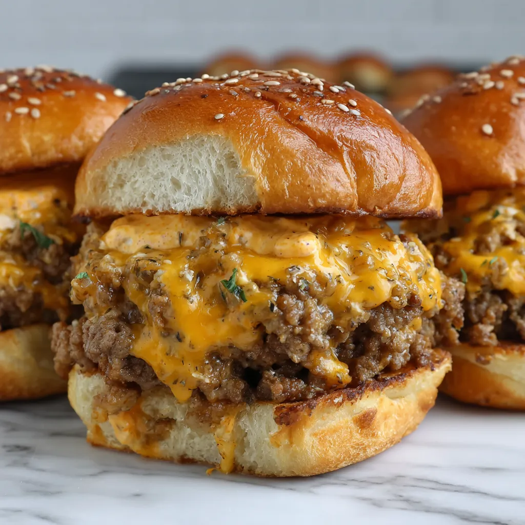Three cheesy ground beef sliders on a marble counter.
