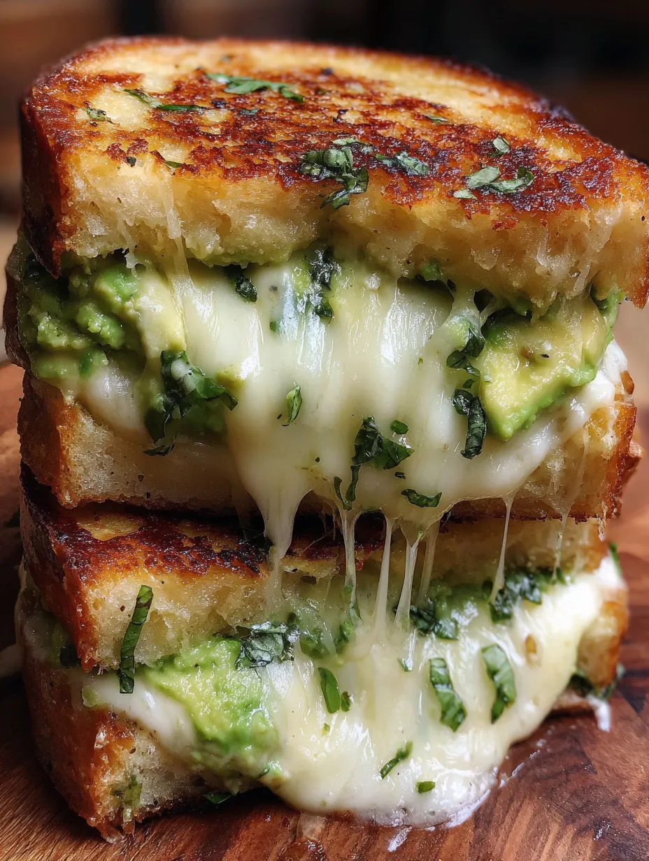 A stack of grilled cheese sandwiches with avocado.