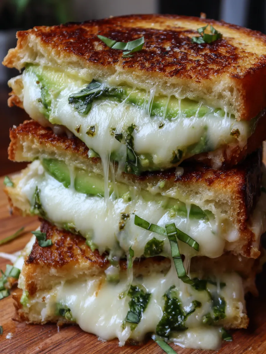 A stack of grilled cheese sandwiches with avocado.