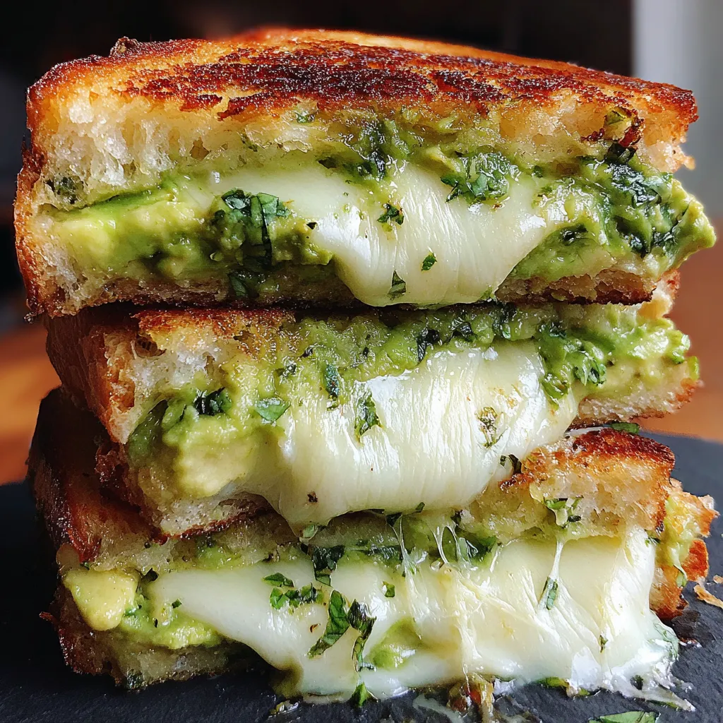 A stack of grilled cheese sandwiches with avocado.