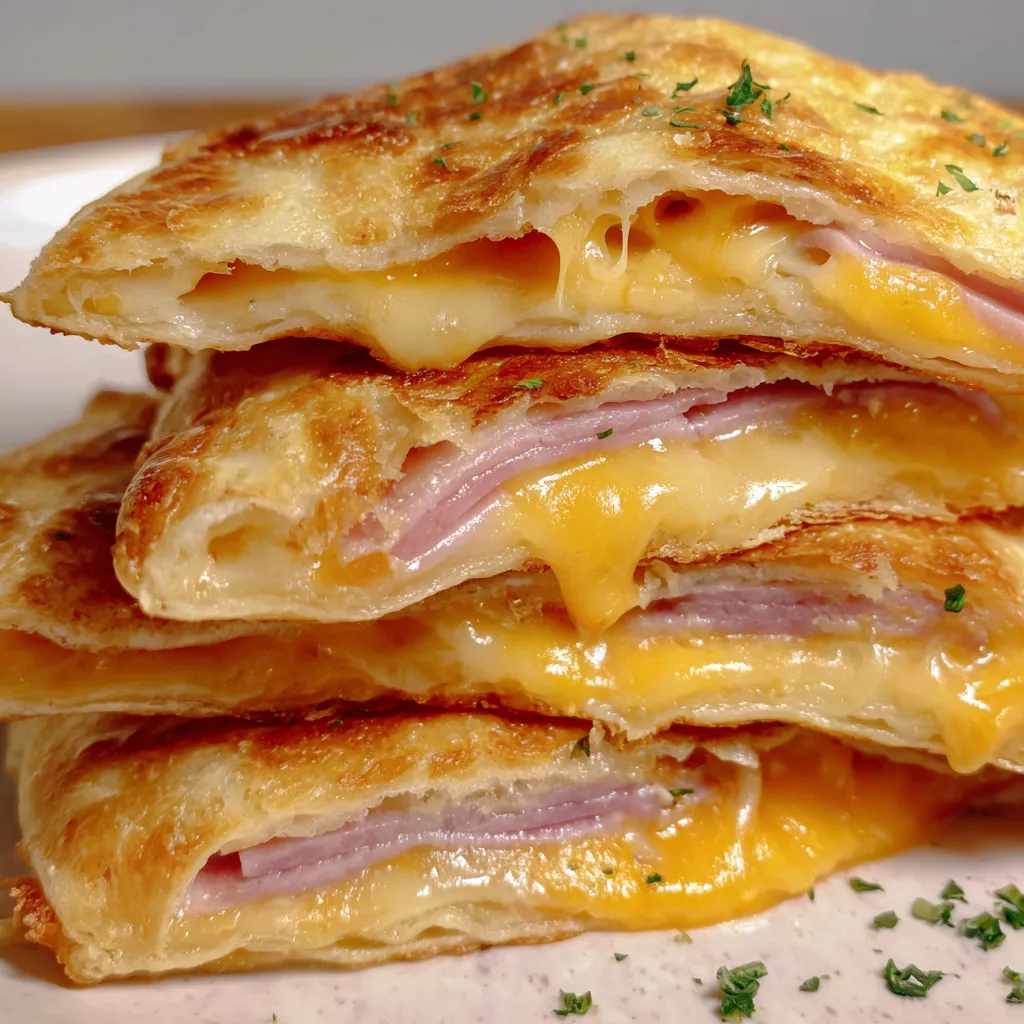 A stack of ham and cheese pockets.