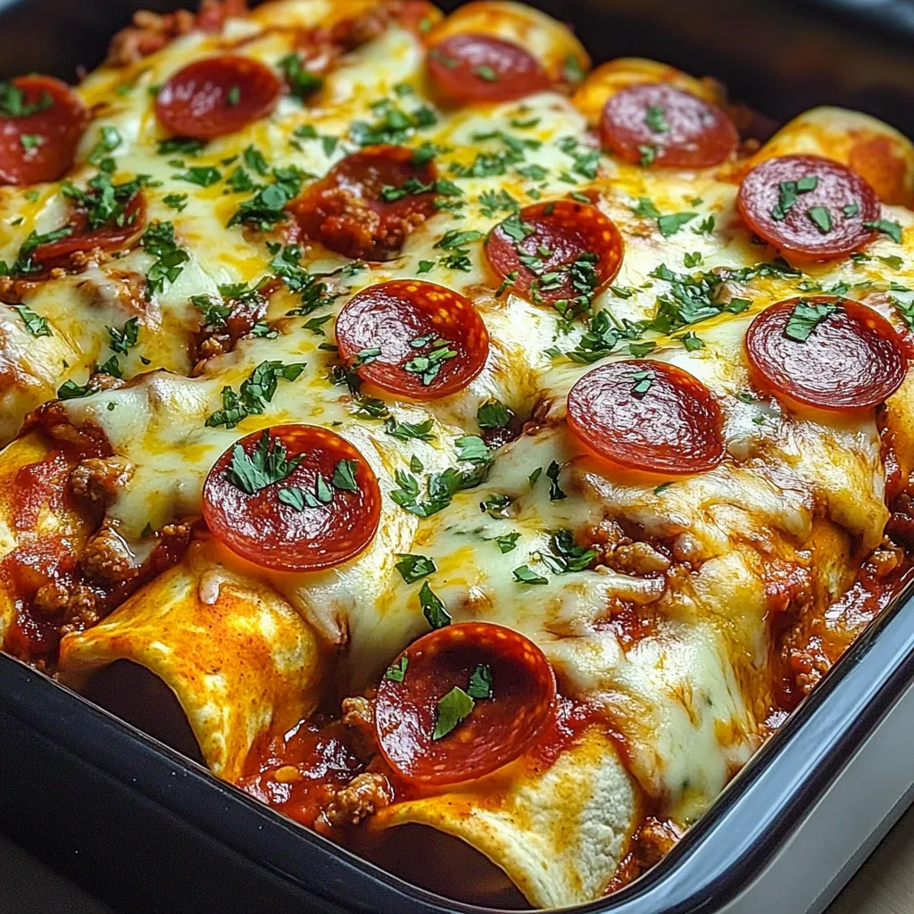 A pan of food with pepperoni and cheese.