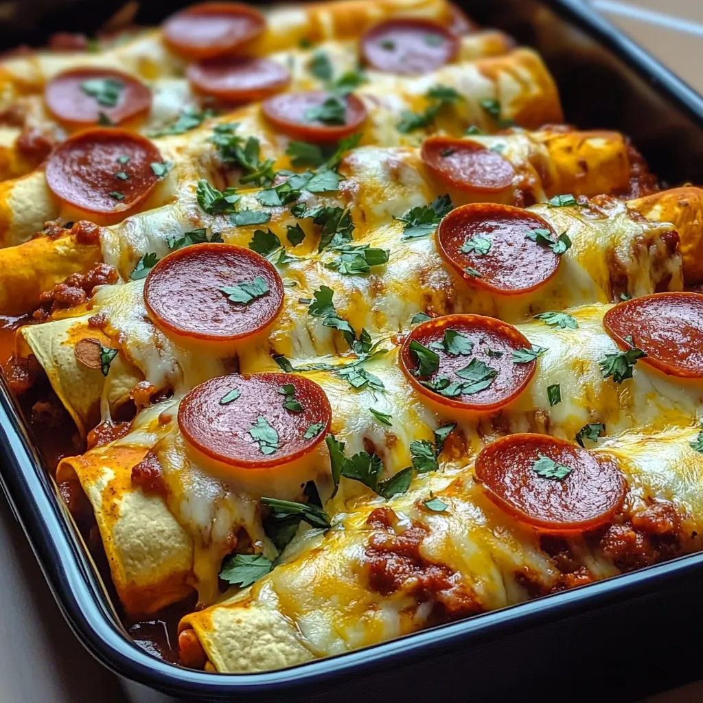 A pan of food with pepperoni and cheese.