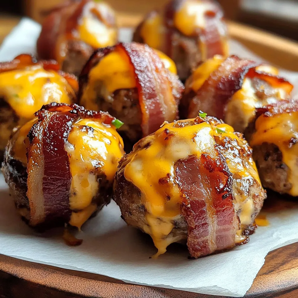 Bacon wrapped meatballs on a wooden tray.