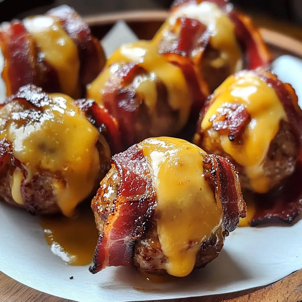 Bacon wrapped meatballs with cheese.