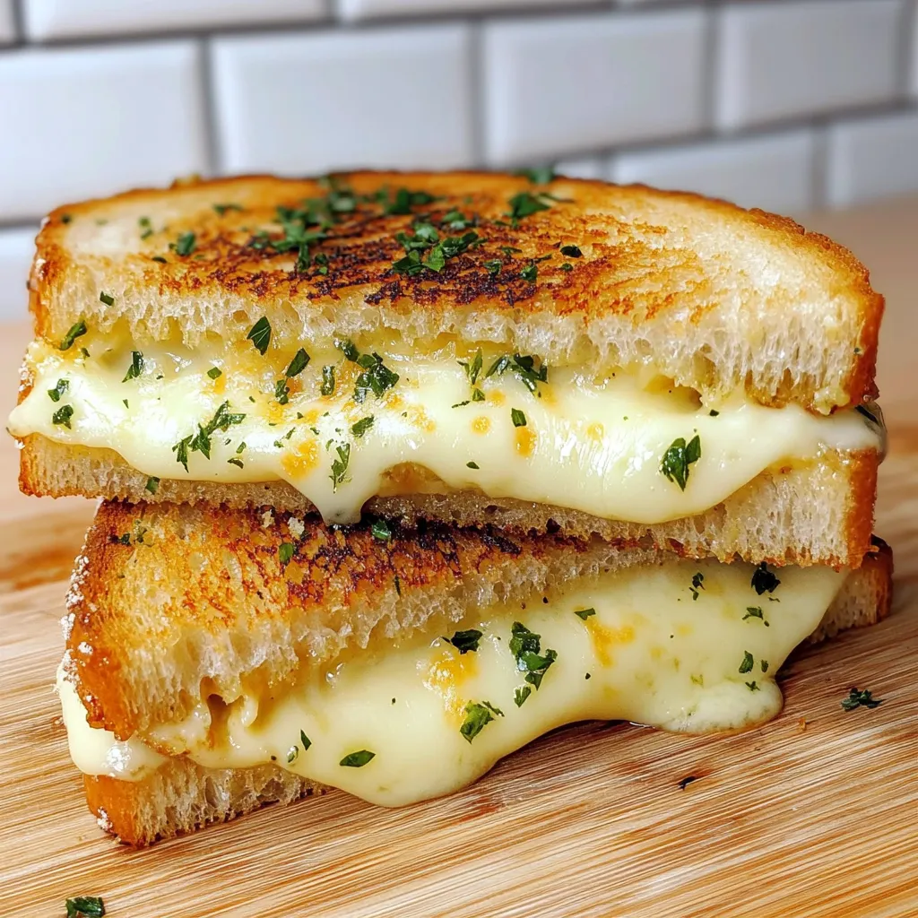 A sandwich with cheese and herbs on a wooden table.