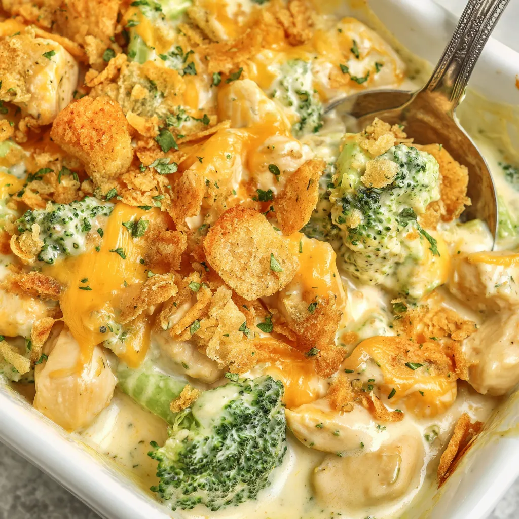 A bowl of chicken divan with a spoon in it.