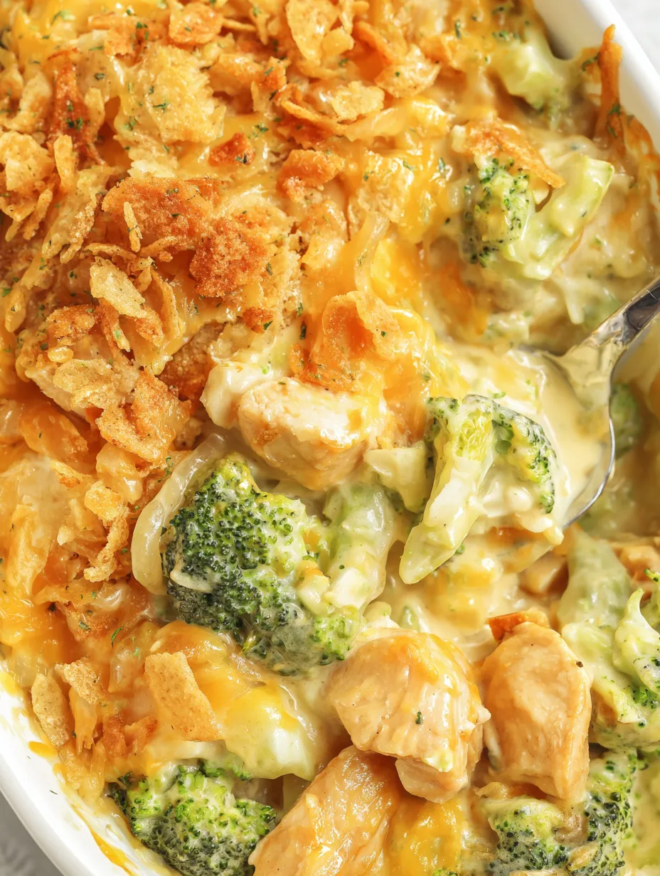 A bowl of chicken divan with chips on top.
