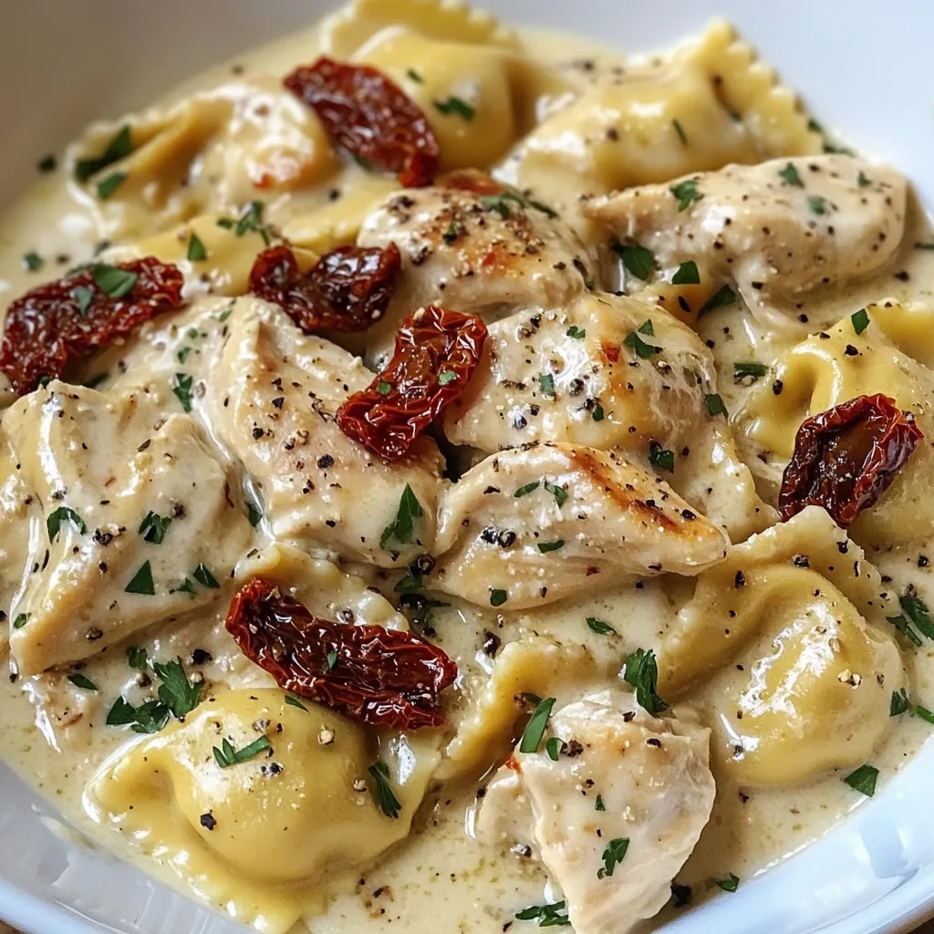 A bowl of pasta with chicken and tomatoes.