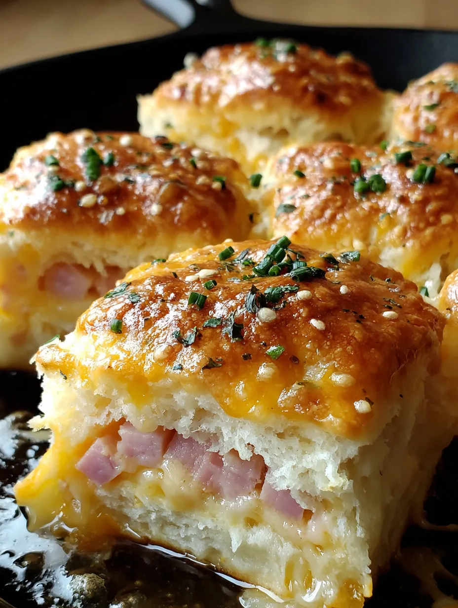 A close up of a delicious ham and cheese butter biscuit.