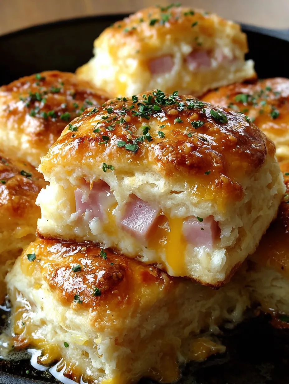 A close up of a delicious ham and cheese butter biscuit.