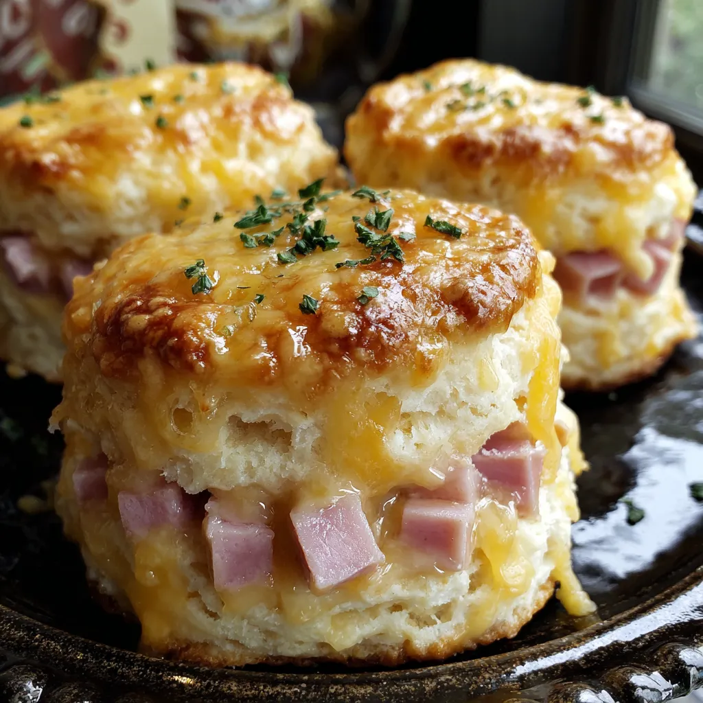 Three biscuits with ham and cheese on top.