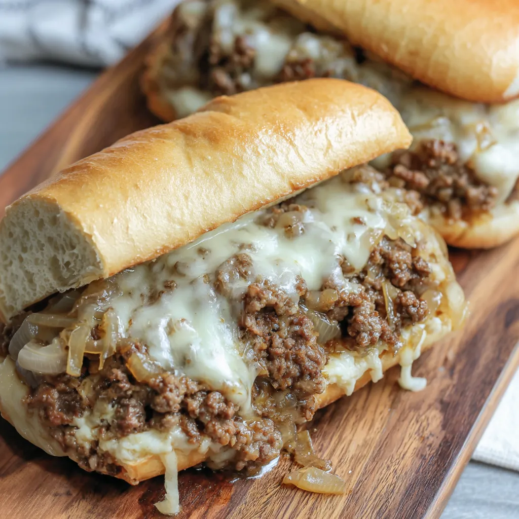 Two sandwiches with meat and cheese on a wooden platter.