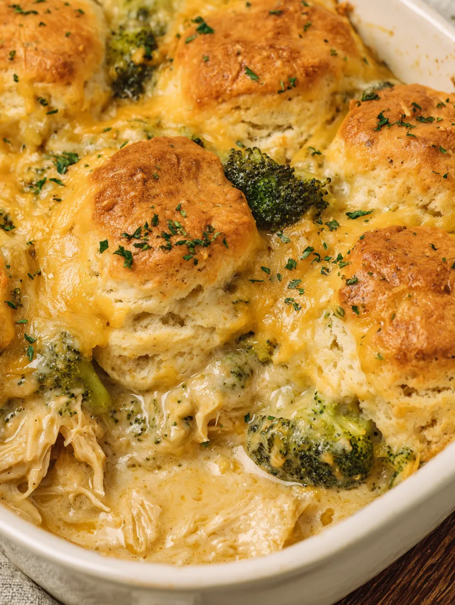 A delicious broccoli cheddar biscuit casserole.