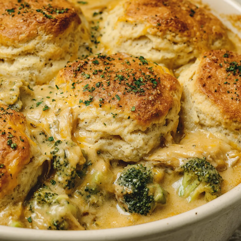A dish of broccoli cheddar biscuit casserole.