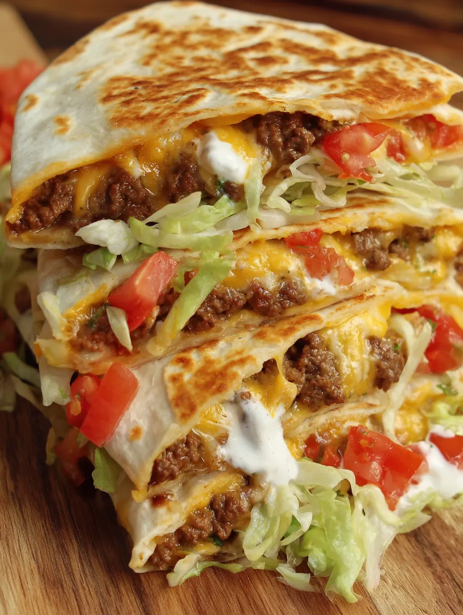 A Crunch Wrap Supreme is stacked with meat, cheese, lettuce, and tomatoes.