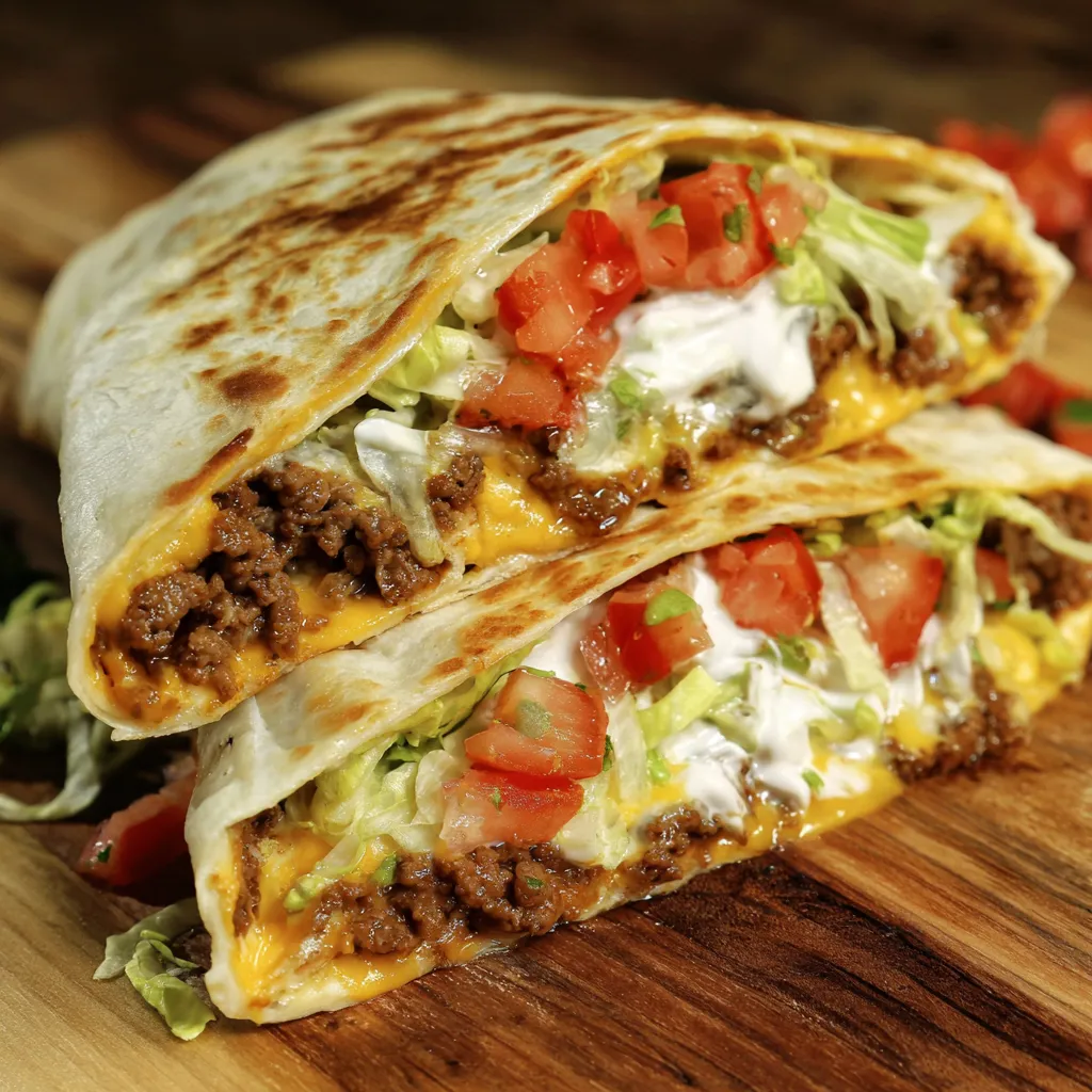 A Crunch Wrap Supreme is shown with lettuce, tomatoes, and cheese.