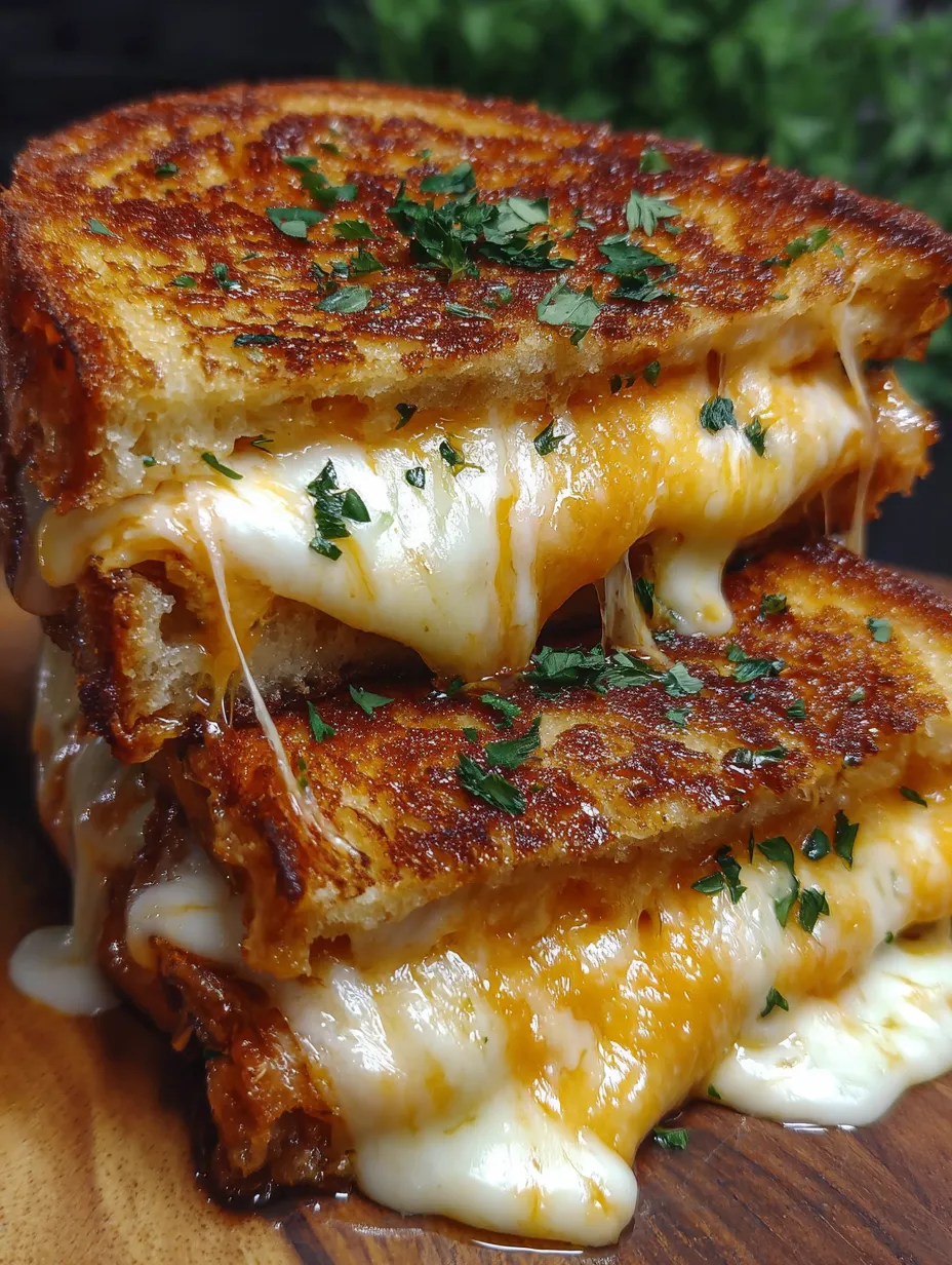 A grilled cheese sandwich with cheese and herbs.