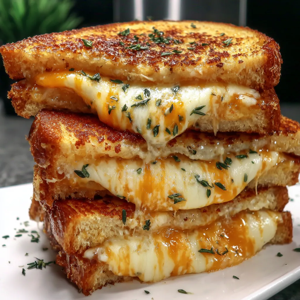 Three stacked grilled cheese sandwiches.