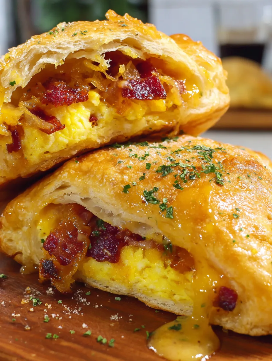 Two breakfast hand pies with bacon and egg filling.