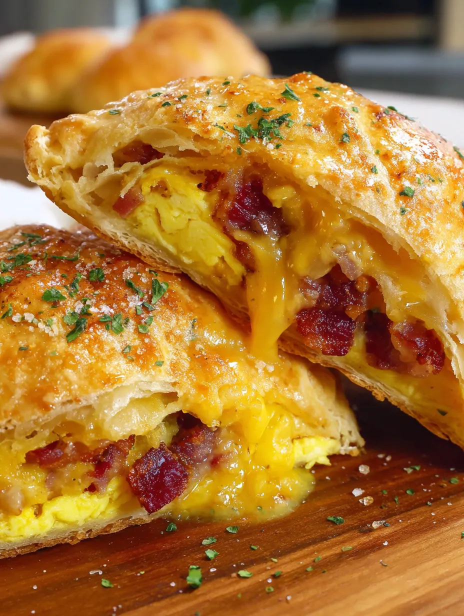Two breakfast hand pies with bacon and cheese.