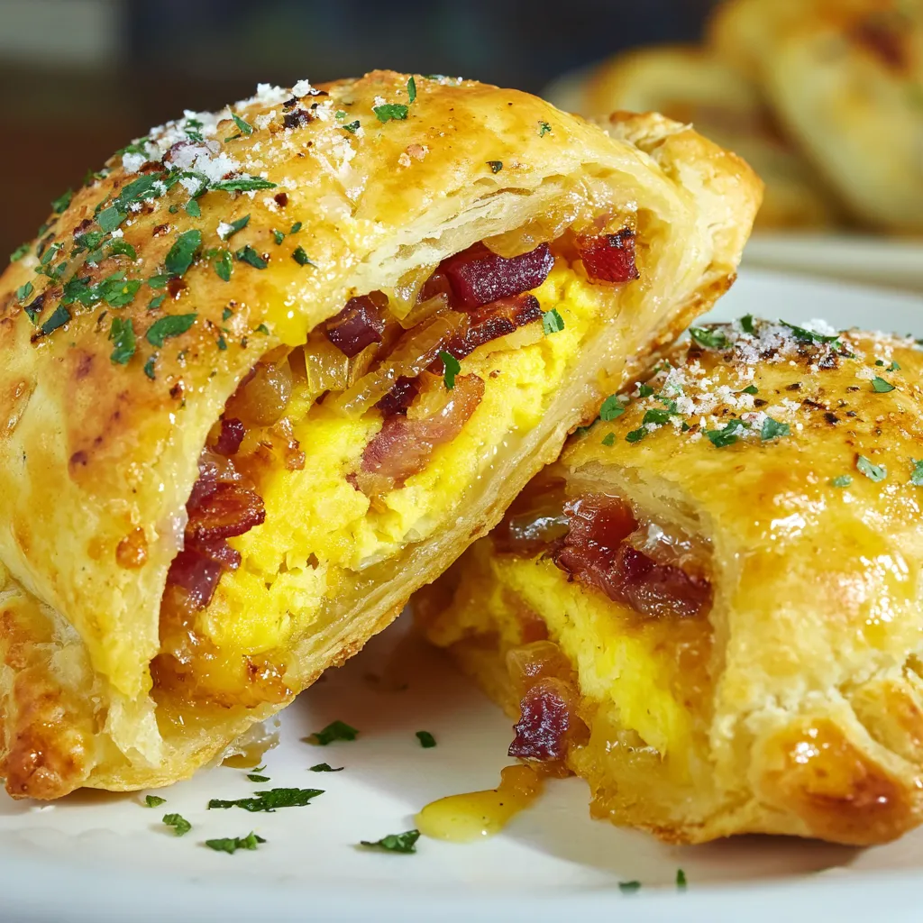 Two breakfast hand pies with bacon and egg filling.