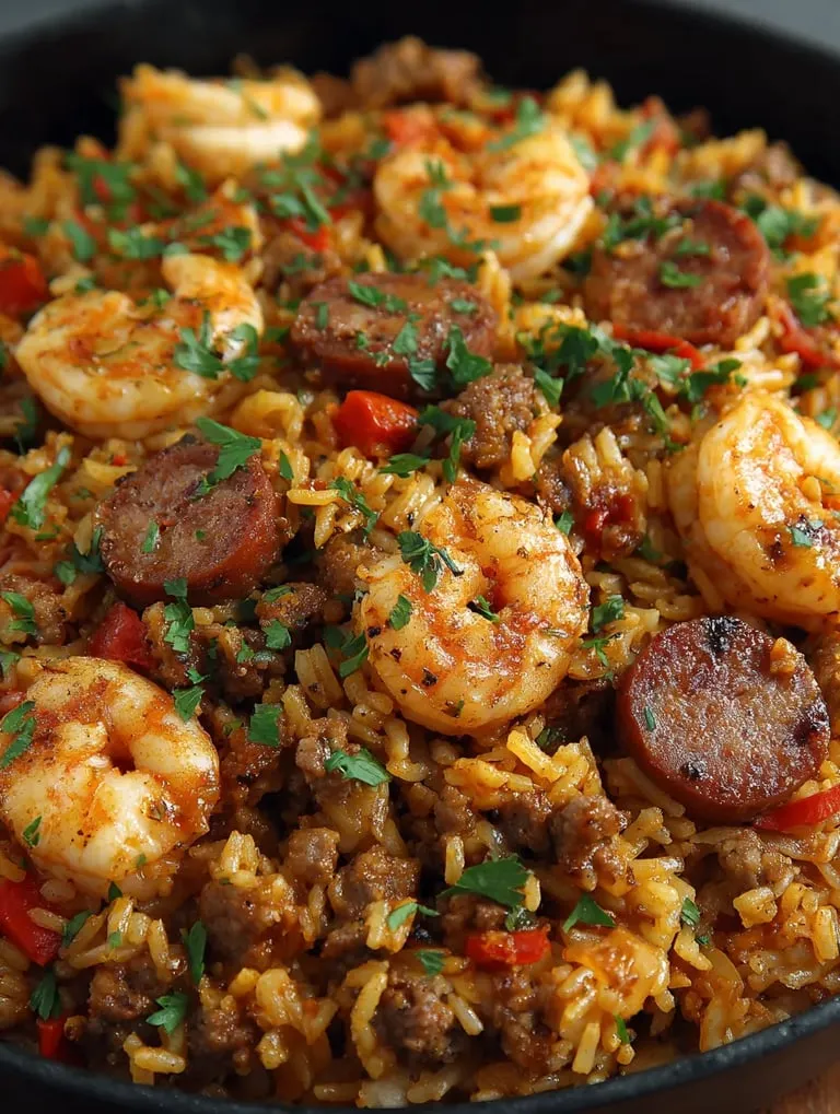 A plate of shrimp sausage dirty rice.