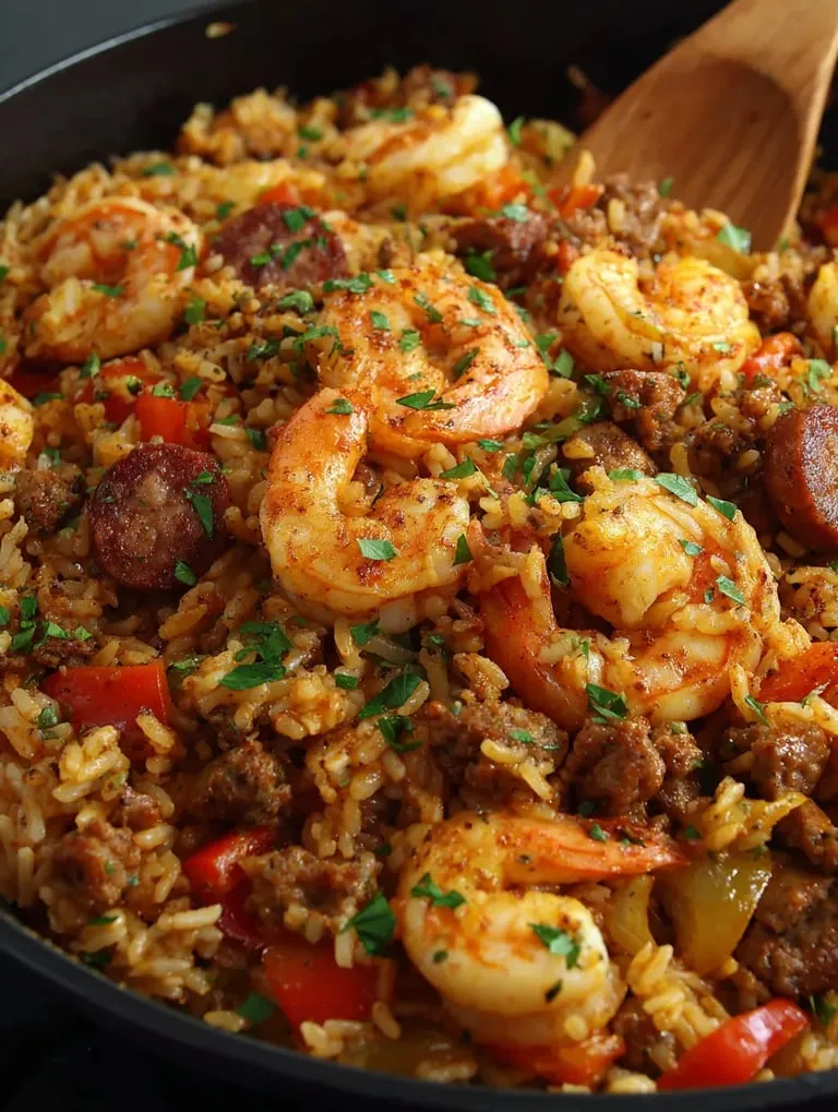 A dish of shrimp sausage dirty rice.