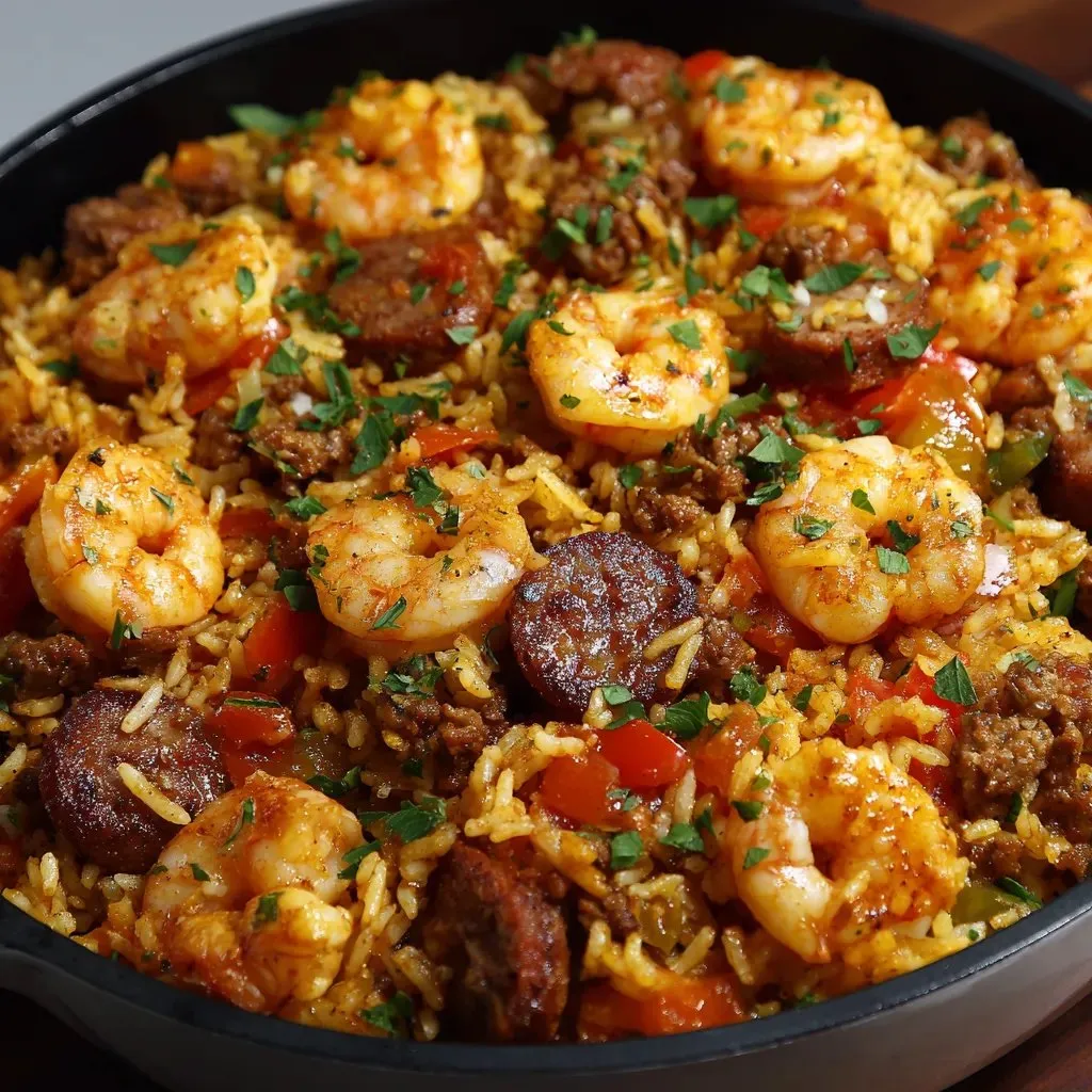 A bowl of shrimp sausage dirty rice.