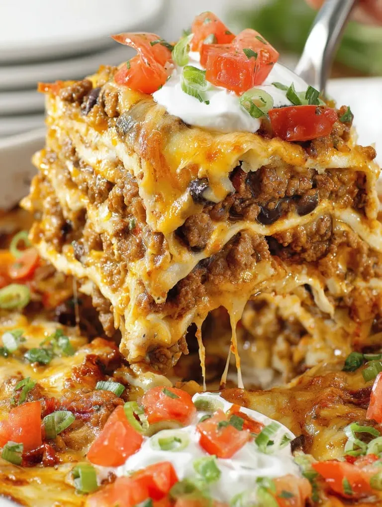 A close up of a Mexican lasagna with tomatoes and cheese.