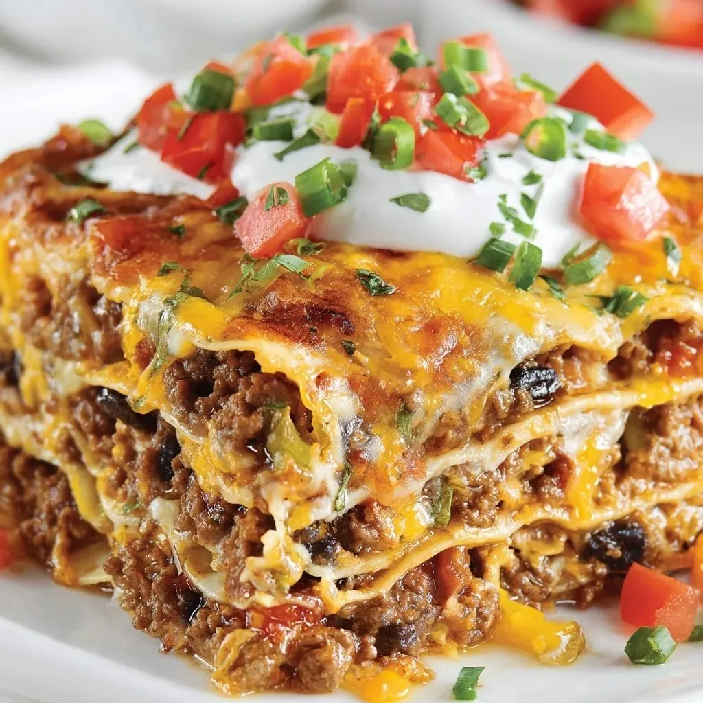 A Mexican lasagna with tomatoes and cheese.