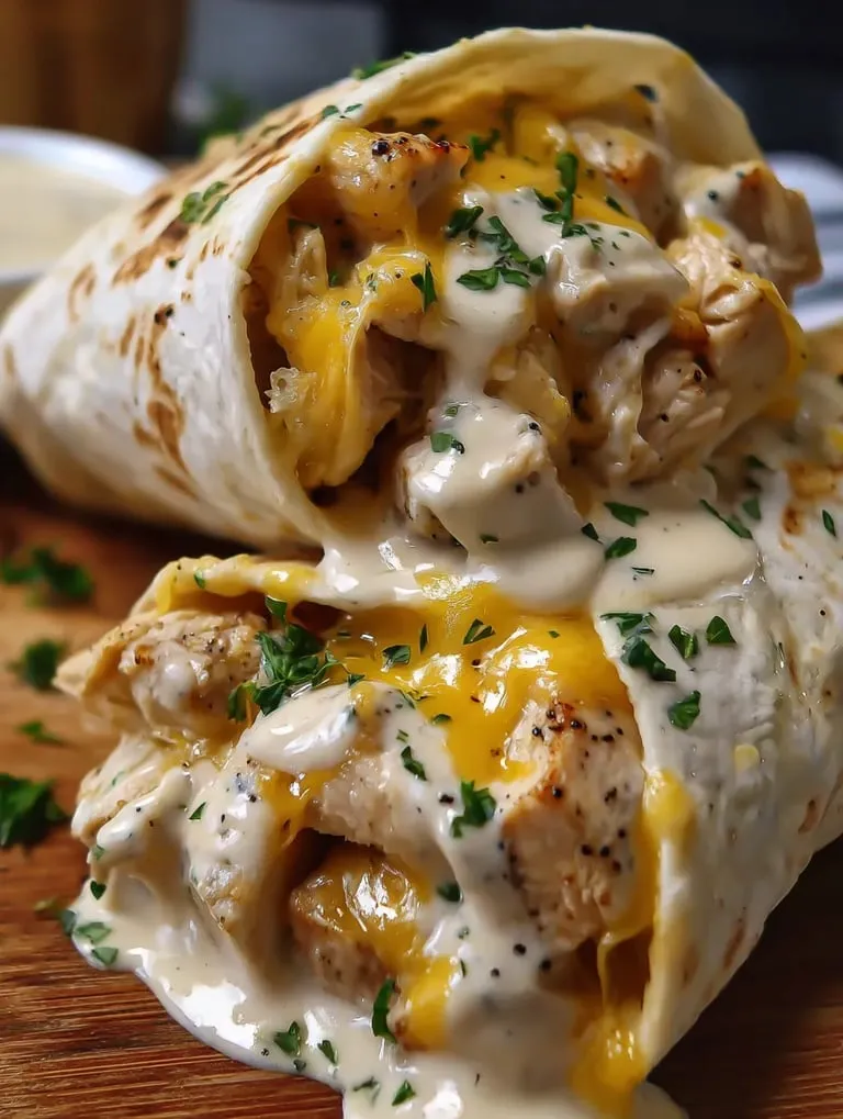 A cheesy garlic chicken wrap with chicken and cheese.