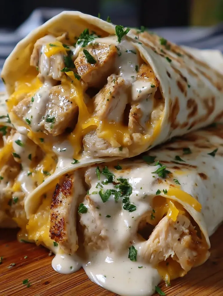 A cheesy garlic chicken wrap.