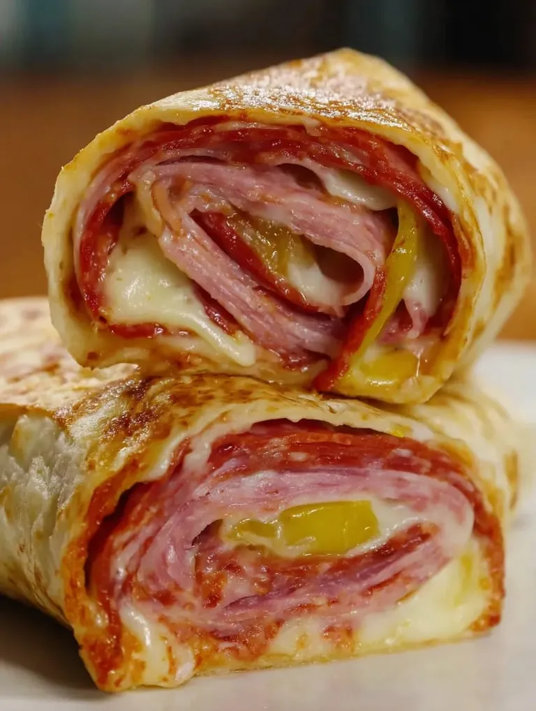 Two hot Italian wraps with cheese and peppers.