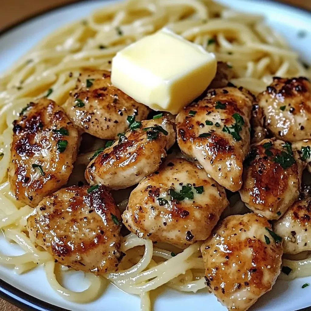A plate of chicken and pasta.