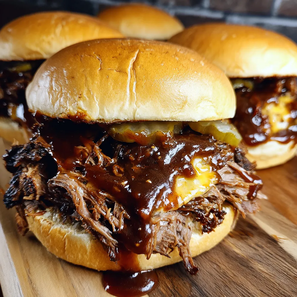 Pulled beef sandwiches on a wooden table.