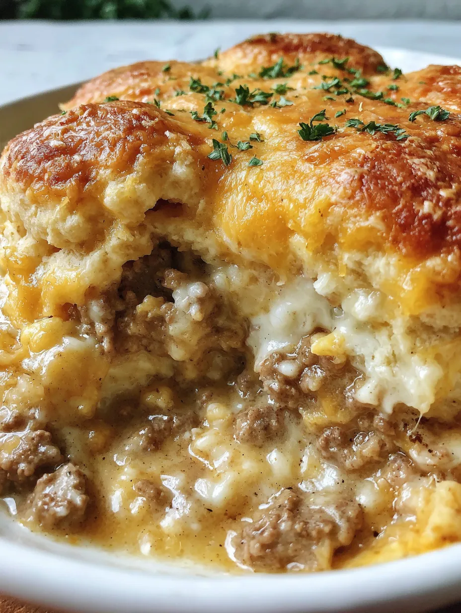 A close up of a delicious Cheddar Bay Ground Beef Cobbler.