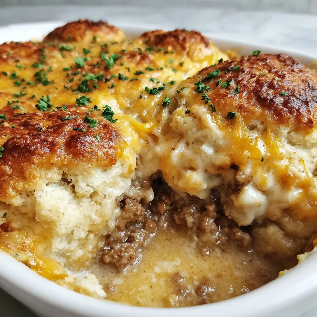 A bowl of cheddar bay ground beef cobbler.