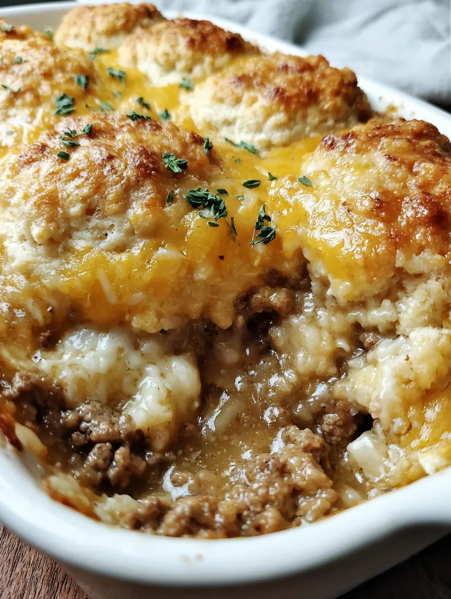 A bowl of cheddar bay ground beef cobbler.