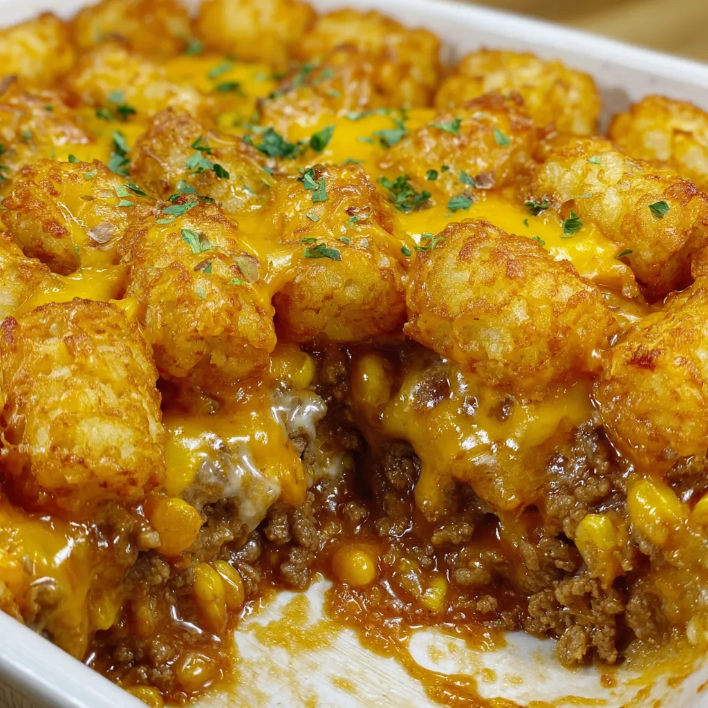 A dish of cowboy casserole with cheese and tater tots.