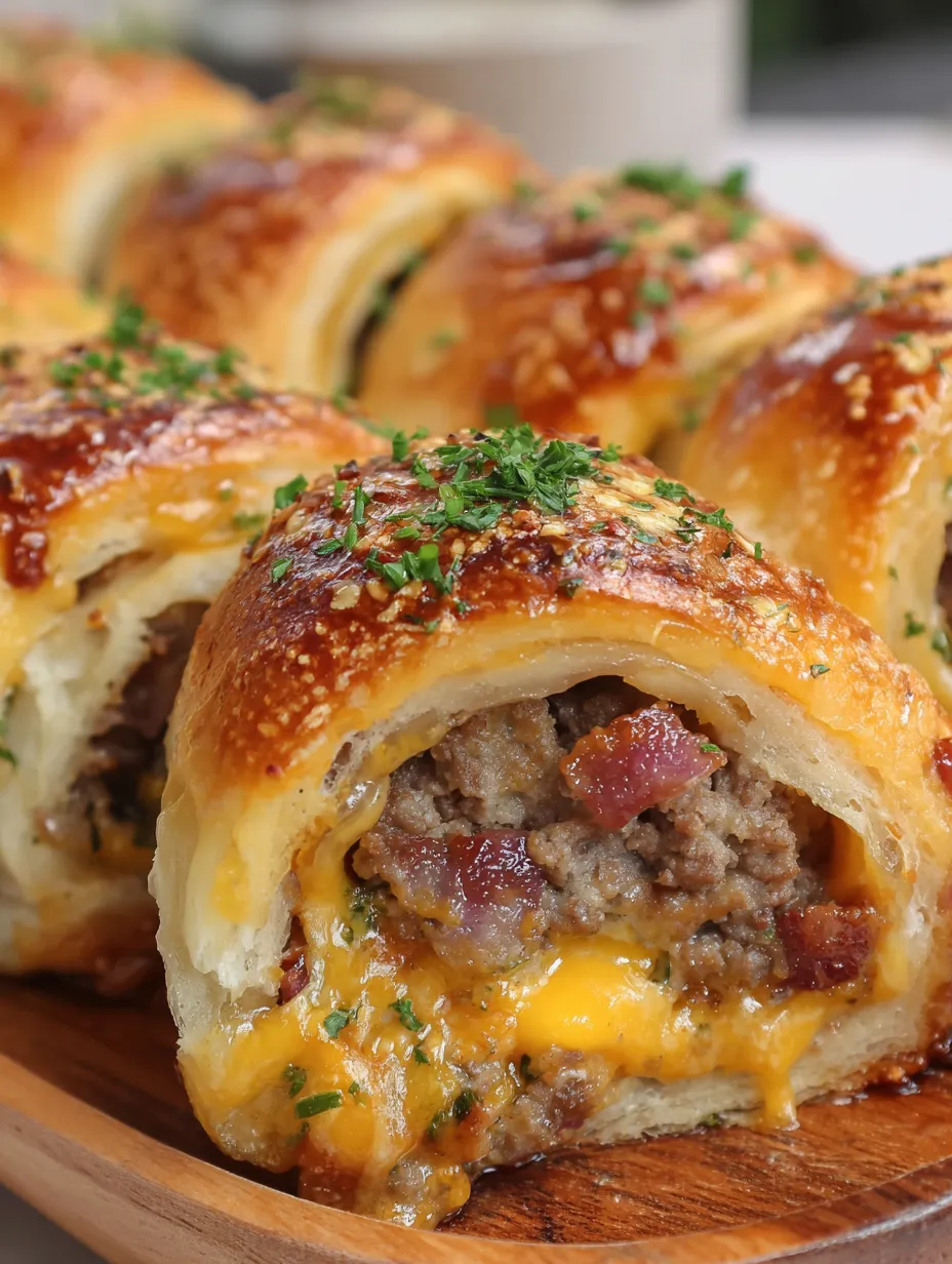 A close up of a garlic butter bacon cheeseburger rollup.