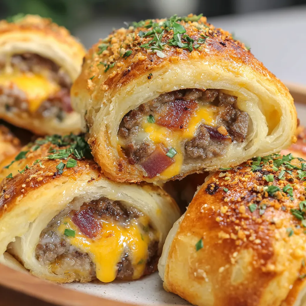 Bacon cheeseburger rollups on a plate.