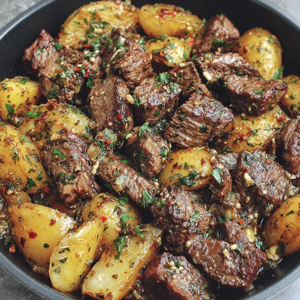 A bowl of steak and potatoes with garlic butter.