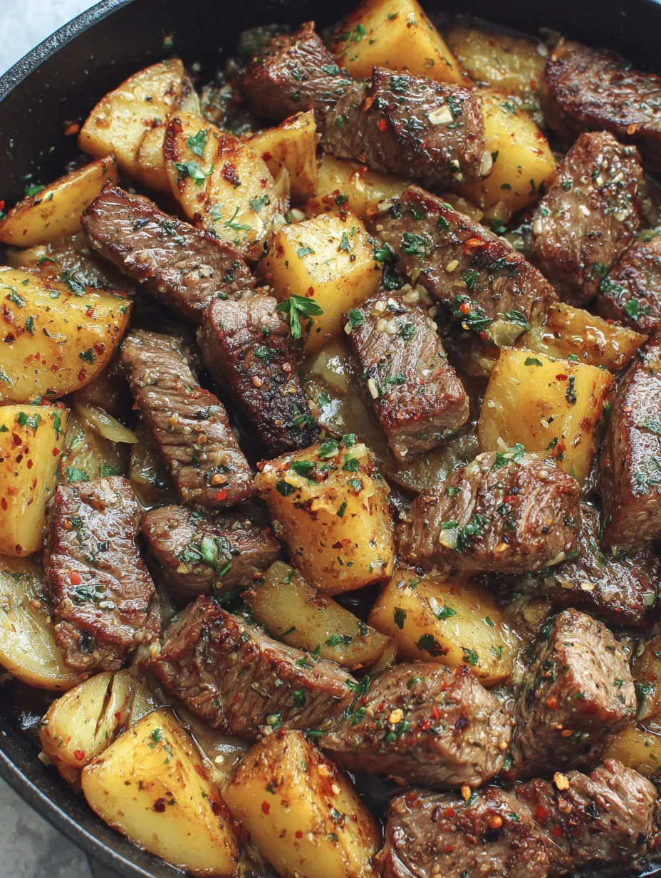 A close up of a delicious meal of garlic butter steak and potatoes.