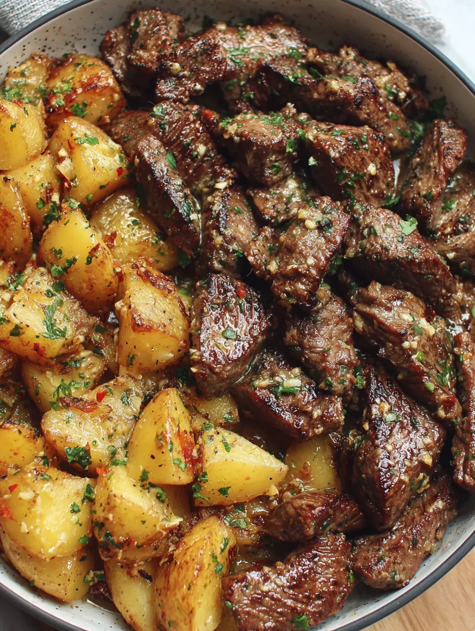 A dish of garlic butter steak and potatoes.