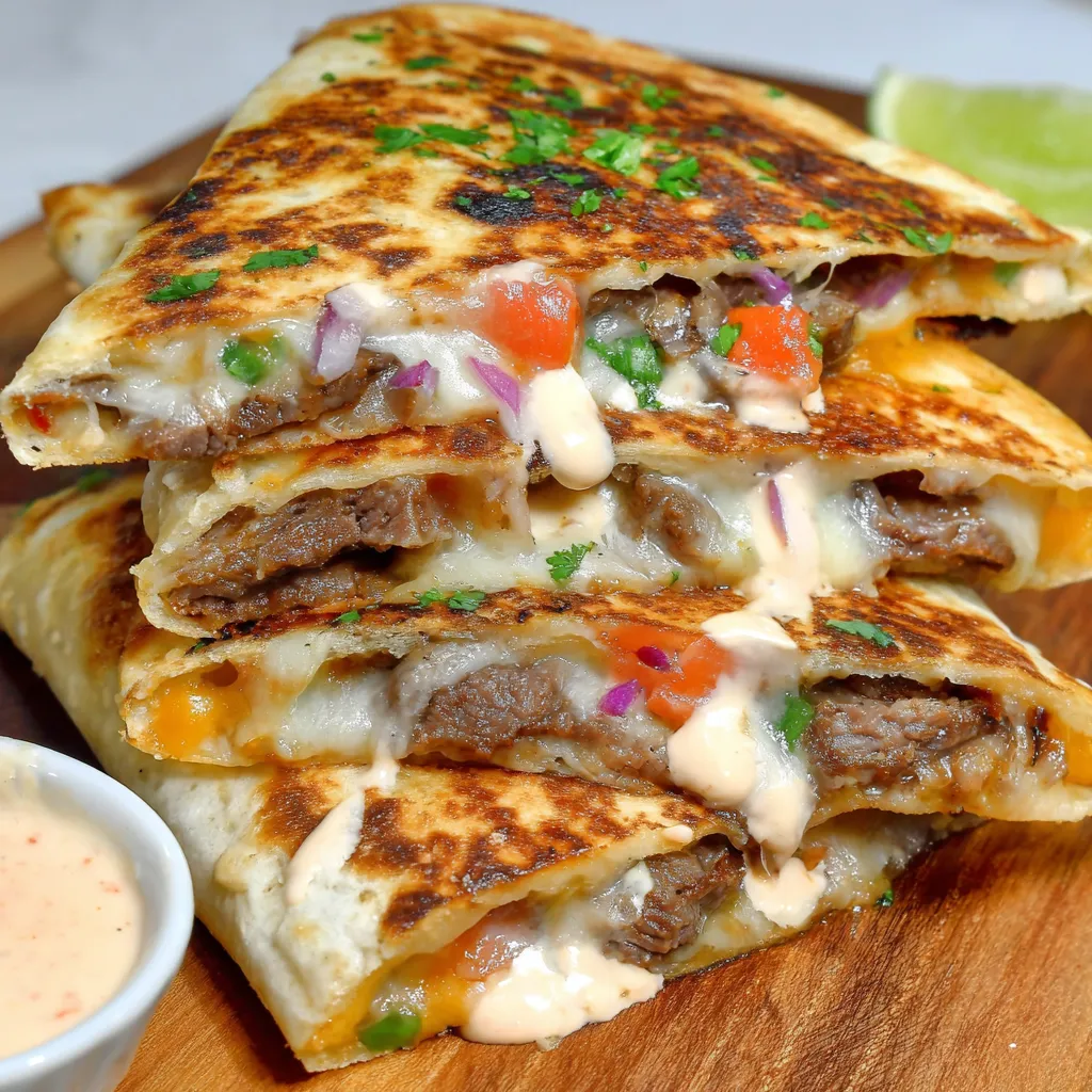 A stack of cheese-crusted steak quesadillas with chipotle lime mayo.